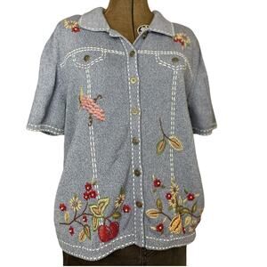 ALFRED DUNNER Blue Button Sweater Womens (L) Cotton Beaded‎ Embroidered Floral